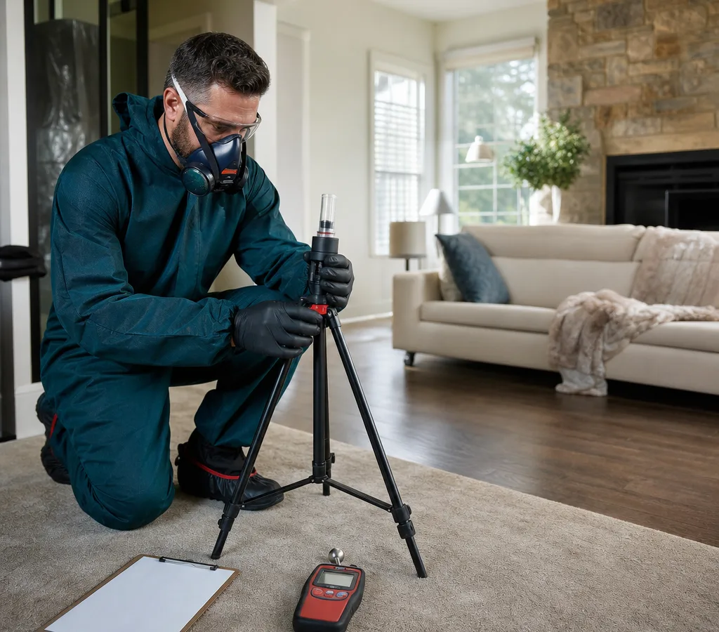 Inspector in protective gear placing an air sampling cassette on a tripod inside a Charlotte living room