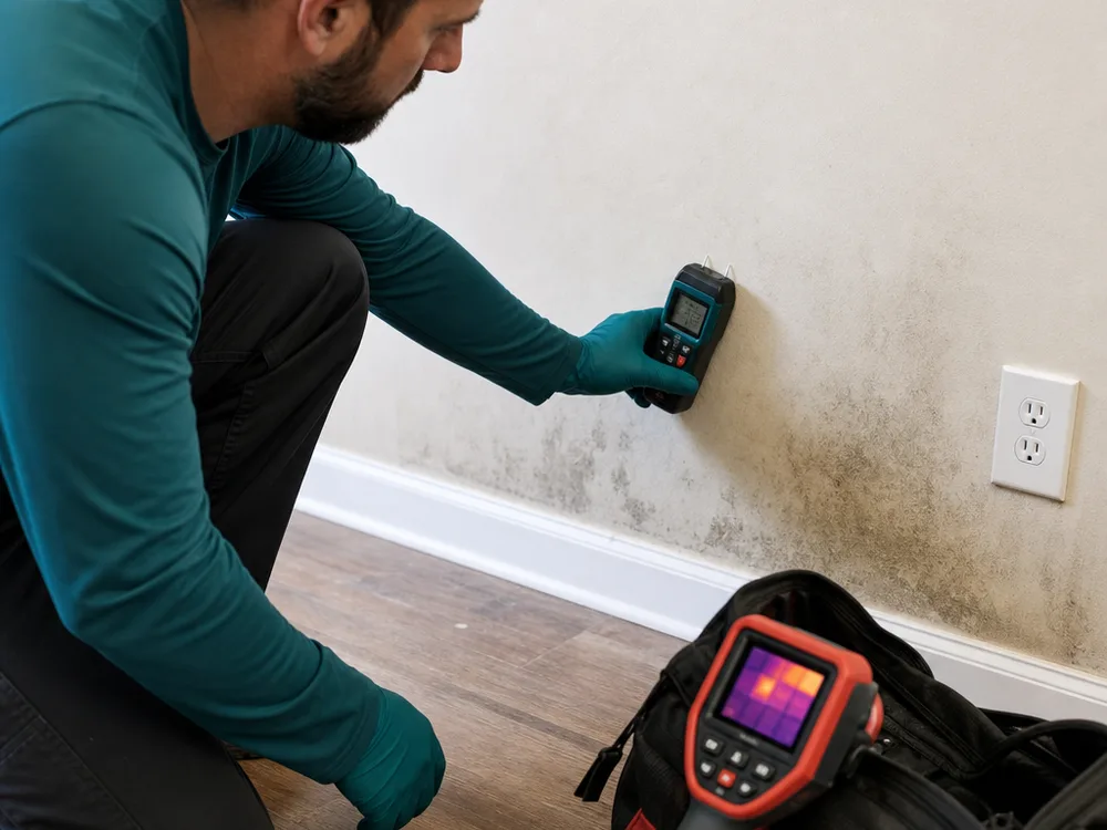 Technician using a moisture meter on drywall near a baseboard with an infrared camera nearby