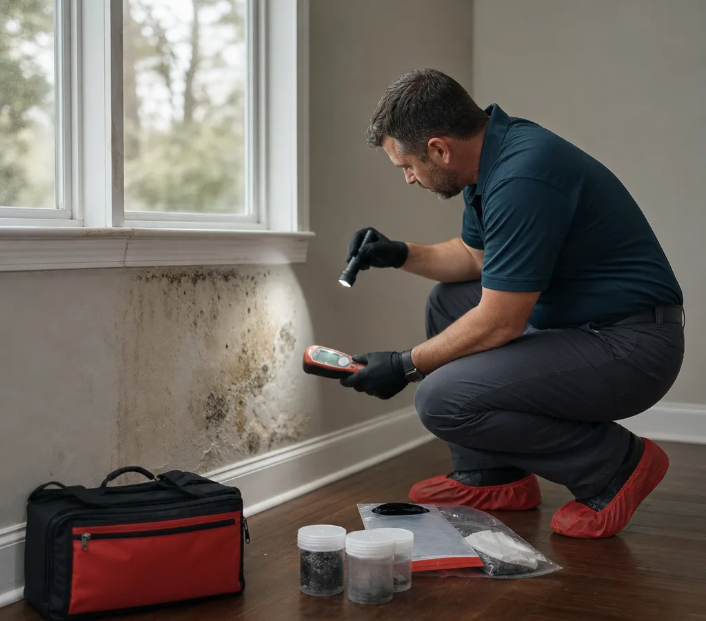 Inspector examining drywall near a window in a Charlotte home with a flashlight and moisture meter