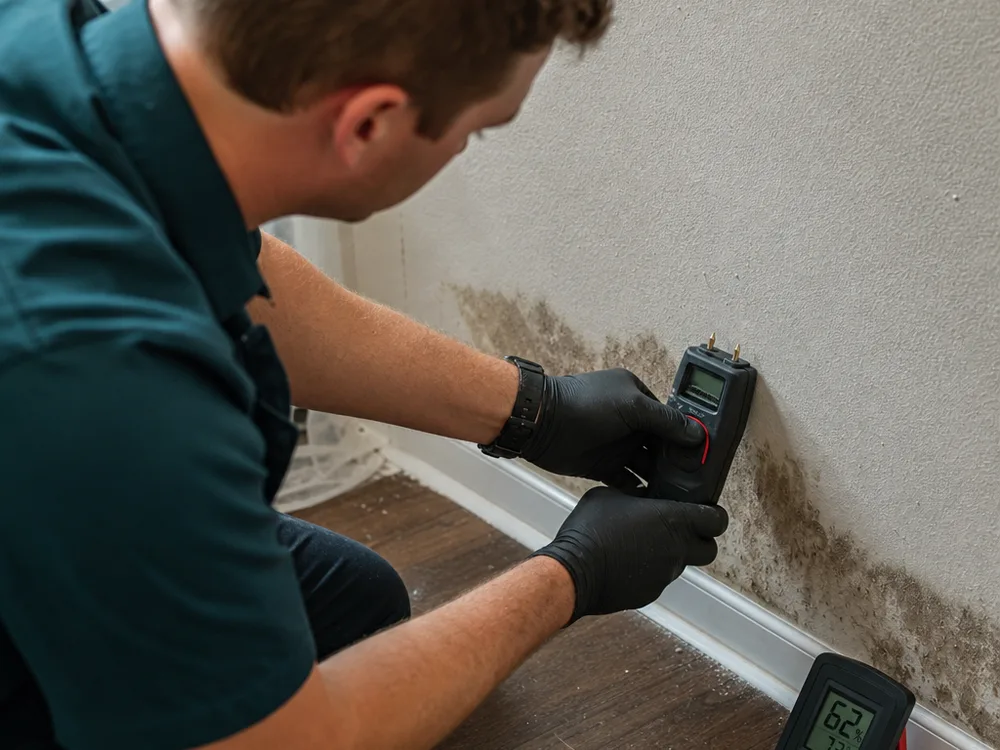 Technician using a pin-type moisture meter on drywall near baseboard trim with a hygrometer visible