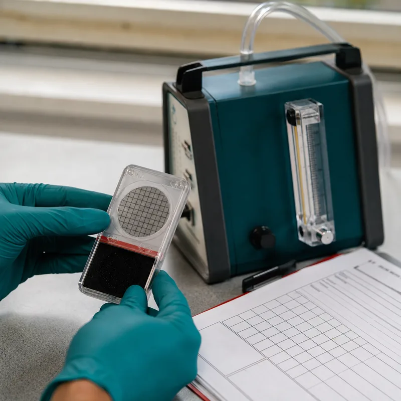 Labeled spore trap cassette and calibrated air sampling pump beside chain-of-custody paperwork