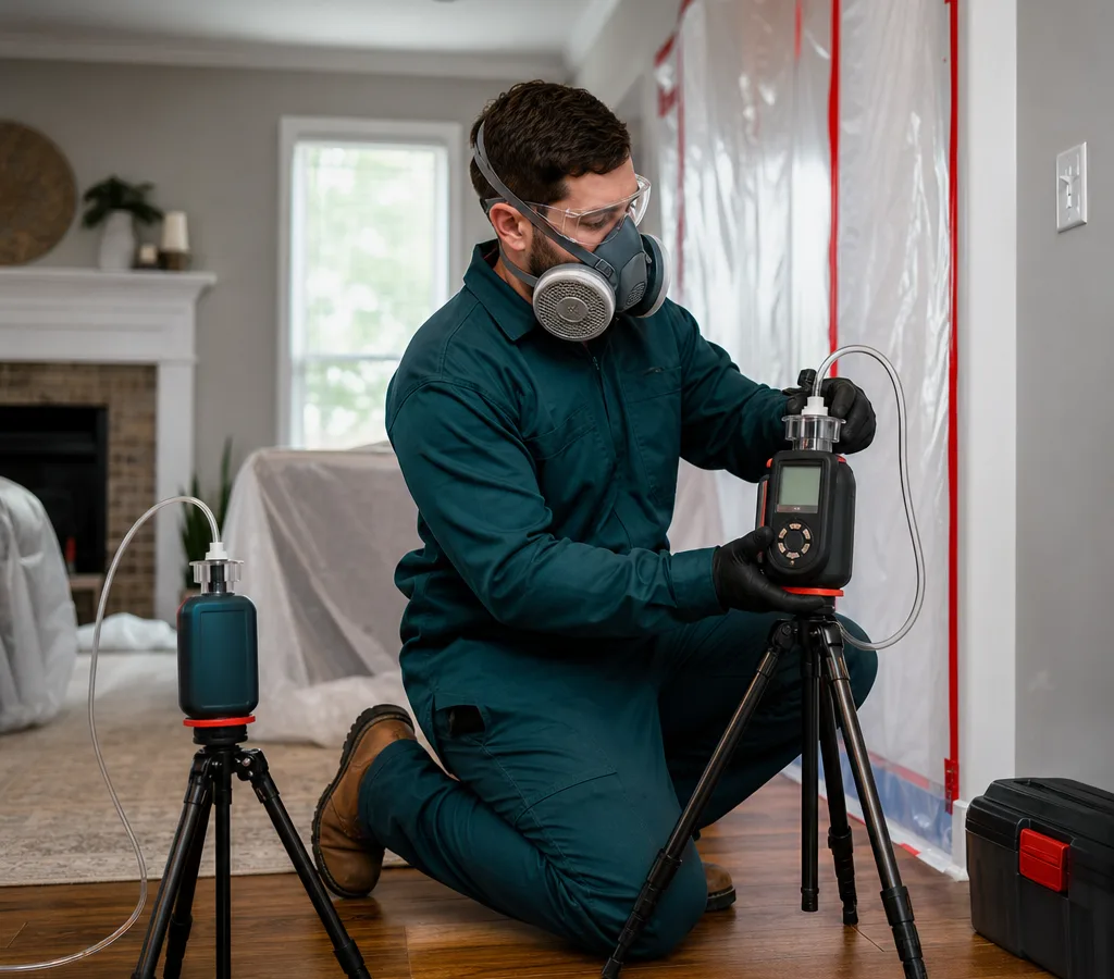 Technician in protective equipment collecting an indoor air sample in a Charlotte home with calibrated sampling equipment