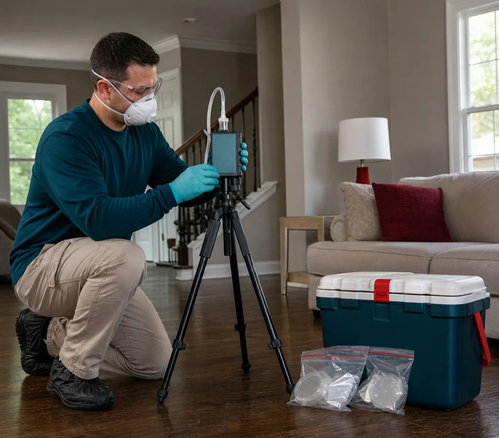 Technician in protective equipment setting up an indoor air sampling pump and cassette in a Charlotte living room
