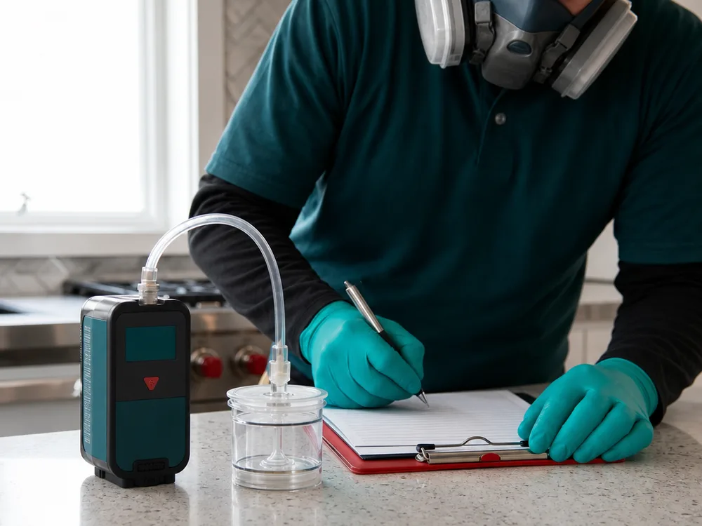 Air sampling pump connected to a labeled spore trap cassette beside sample notes on a clipboard